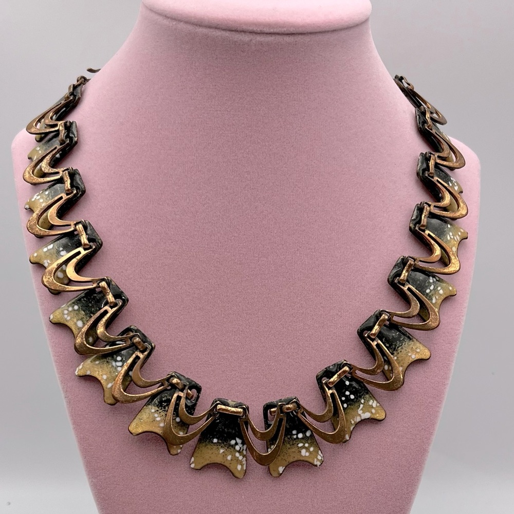 Renoir Matisse Copper Mid Century Gold Black and White Enamel Drop Link necklace